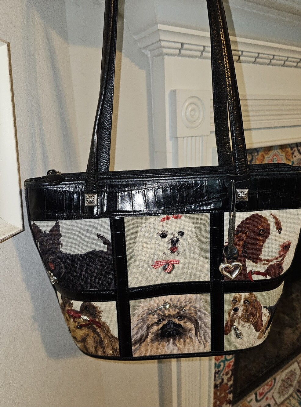 Vintage Brighton Doggie Diva Nedlepoint Tapestry Leather Tote